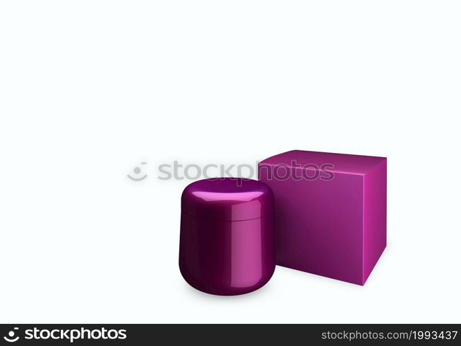 Blank deep lilac nacre cosmetic jar mock up on white background with smear cream in front view angle, 3d illustration