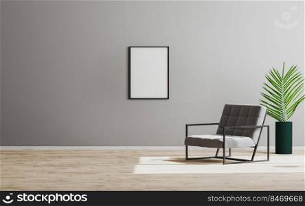 Blank empty vertical frame mock up in empty room with gray armchair and green plant, empty gray wall and wooden floor, gray room interior background, scandinavian style, 3d render