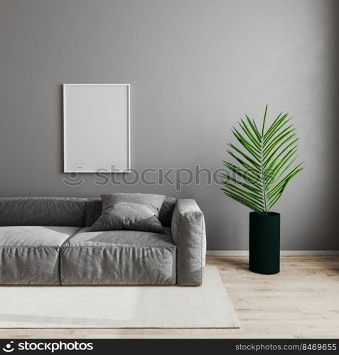 Blank empty white poster frame in modern living room interior background, scandinavian style living room mock up with gray sofa and green plant on wooden laminate floor, 3d render