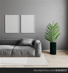 Blank empty white poster frame in modern living room interior background, scandinavian style living room mock up with gray sofa and green plant on wooden laminate floor, 3d render