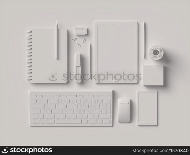 Blank essential office supplies accessory equipment dummies set 3D on white background