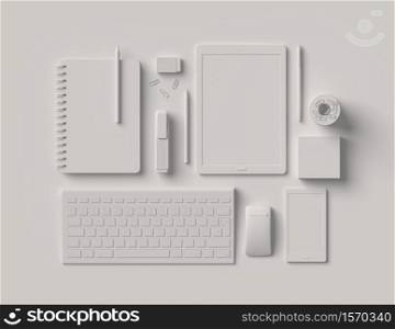 Blank essential office supplies accessory equipment dummies set 3D on white background