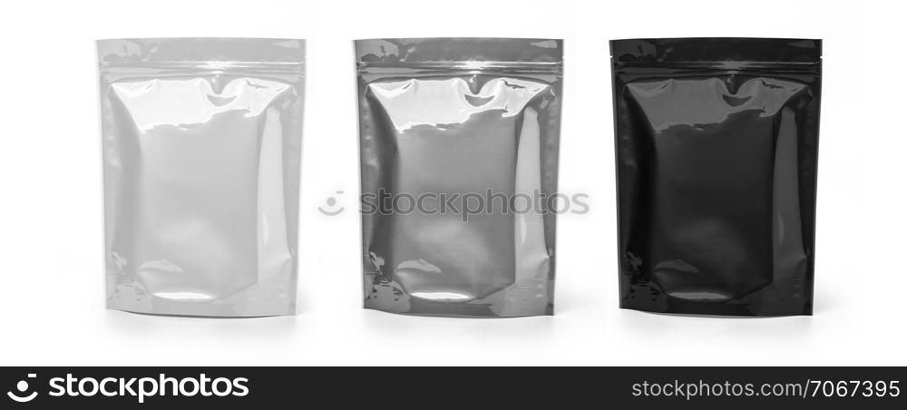 Blank Foil Food Or Drink Bag Packaging with valve and seal isolated on white With clipping path