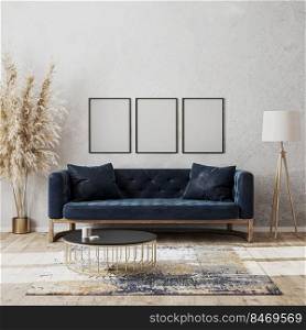 Blank frame mock up on wall in modern living room luxury interior design with dark blue sofa, decorative rug, floor l&and stylish decoration, 3d rendering