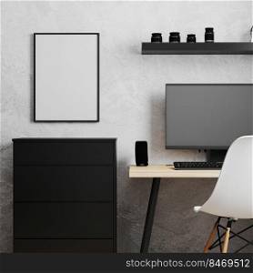 Blank frame near workplace with PC, wooden table and white chair, office workplace, work from home concept, 3d rendering