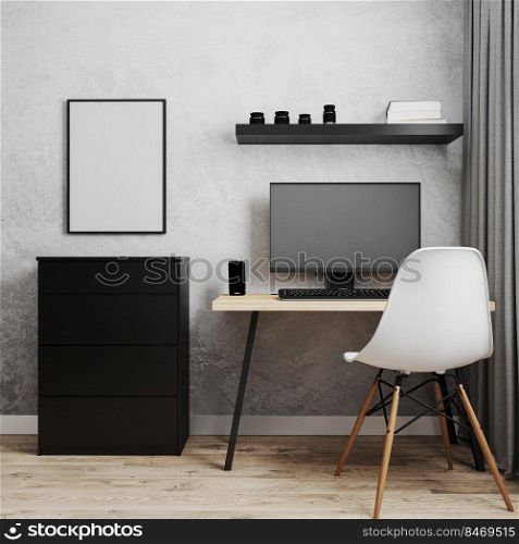 Blank frame near workplace with PC, wooden table and white chair, office workplace, work from home concept, 3d rendering
