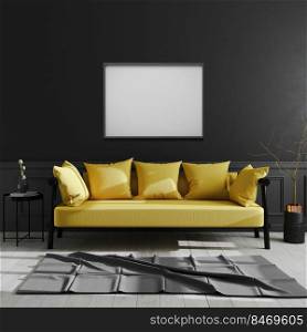 blank frame on black wall, horizontal picture frame mock up in dark modern interior background with yellow sofa, scandinavian style, luxury home interior, 3d rendering