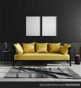 blank frame on black wall, two vertical poster frame mock up in dark modern interior background with yellow sofa, scandinavian style, luxury home interior, 3d rendering