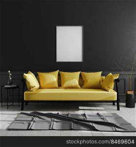 blank frame on black wall, vertical poster frame mock up in dark modern interior background with yellow sofa, scandinavian style, luxury home interior, 3d rendering