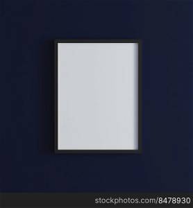 blank frame on dark blue wall mock up, vertical black poster frame on wall,  picture frame isolated on a wall, mock up for picture or photo frame,  empty frame on bright wall, 3d render