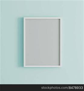 blank frame on light blue wall mock up, vertical black poster frame on wall,  picture frame isolated on a wall, mock up for picture or photo frame,  empty frame on bright wall, 3d render