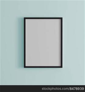 blank frame on light blue wall mock up, vertical black poster frame on wall,  picture frame isolated on a wall, mock up for picture or photo frame,  empty frame on bright wall, 3d render