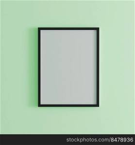 blank frame on light green wall mock up, vertical black poster frame on wall,  picture frame isolated on a wall, mock up for picture or photo frame,  empty frame on bright wall, 3d render