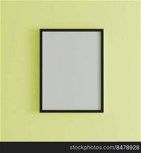 blank frame on light yellow wall mock up, vertical black poster frame on wall,  picture frame isolated on a wall, mock up for picture or photo frame,  empty frame on bright wall, 3d render