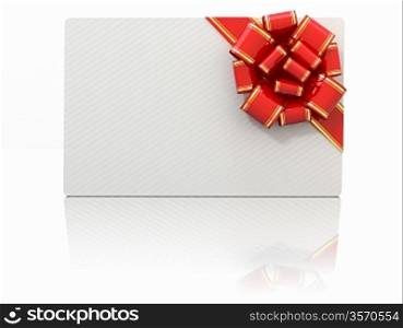 Blank gift card with ribbon and bow. Space for text. 3d