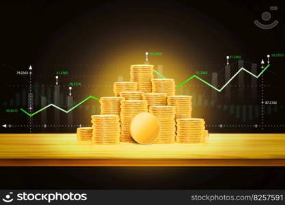 Blank gold coin and coins stack on wooden table and graph chart on black background, investment concept.