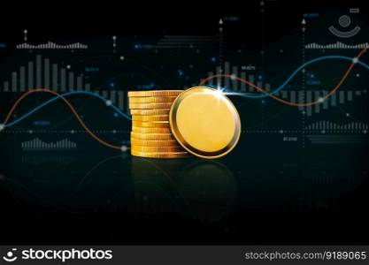 Blank gold coin or crypto currency with analytics graph blurred on black background,Digital currency and investment technology concept.