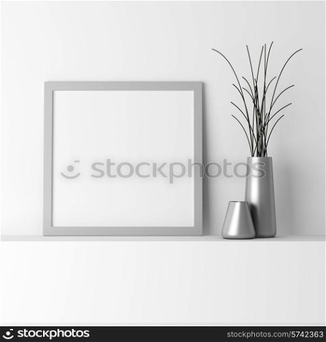 blank gray photo frame on white shelf