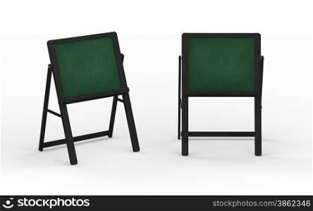 Blank green chalkboard stand with black wooden frame isolated on white, clipping path included&#xA;