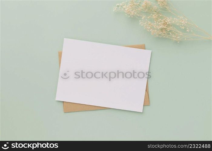 Blank greeting card invitation Mockup 5x7 on Brown envelope with dried flowers on pastel green background, flat lay, mockup