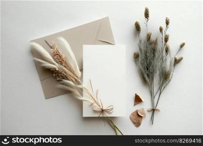 Blank greeting card invitation mockup with dry flowers and ribbon, AI Generative
