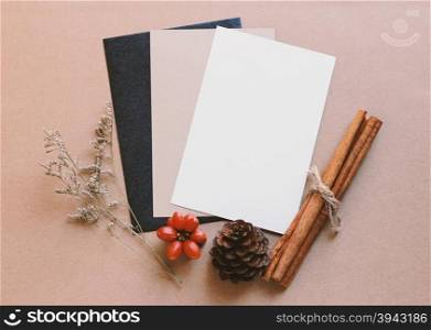 Blank greeting card mock up with craft and christmas decorations