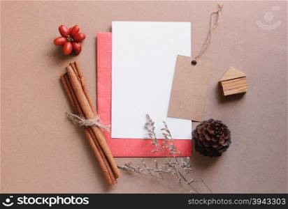 Blank greeting card mock up with craft and christmas decorations