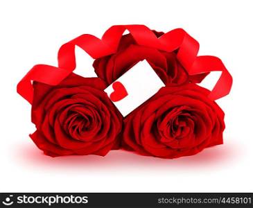 Blank greeting card with red heart &amp; roses isolated on white background, conceptual image of love &amp; Valentine&rsquo;s day holiday