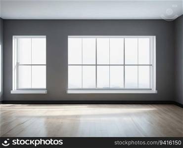 Blank Grey Wall, Blackout Curtain Window, Sunlit Baseboard, and Shadowed Elegance. Generative AI.