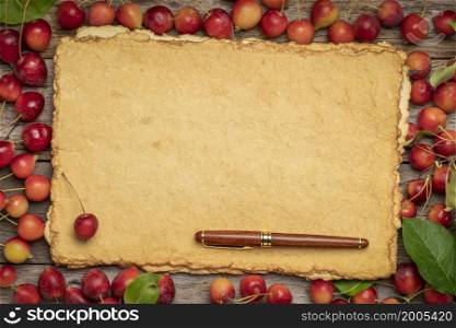 blank, handmade paper with rough edges and a stylish pen framed by red crab apples - fall holidays theme