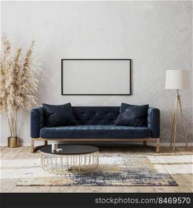 Blank horizontal frame mock up on wall in modern living room luxury interior design with dark blue sofa, decorative rug, floor l&and stylish decoration, 3d rendering
