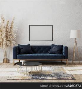 Blank horizontal frame mock up on wall in modern living room luxury interior design with dark blue sofa, decorative rug, floor l&and stylish decoration, 3d rendering