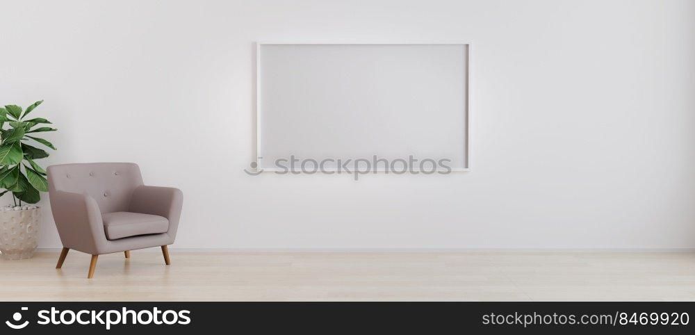 Blank horizontal frame with brown armchair with green plant in bright room with light wall and wooden parquet room. Interior room with blank horizontal frame for mockup. 3d rendering