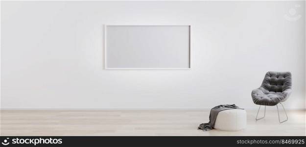 Blank horizontal picture frame in room with white wall and wooden floor with white pouf and grey modern armchair. Bright room interior with horizontal picture frame mockup. 3d rendering.