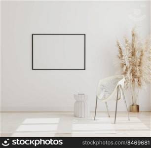 Blank horizontal picture frame mock up on white wall in modern interior background with chair and p&as grass on wooden floor, scandinavian style, 3d rendering