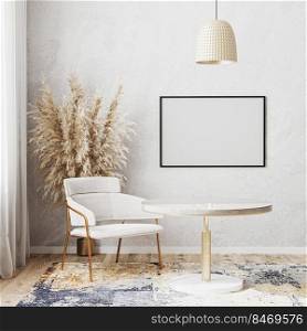 Blank  horizontal picture frame mockup in bright room with luxury round dinning table, white chair, modern design rug, scandinavian style, 3d rendering