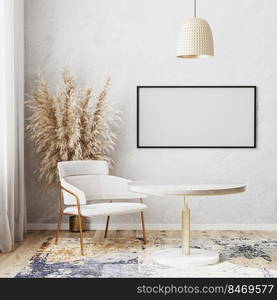 Blank  horizontal picture frame mockup in bright room with luxury round dinning table, white chair, modern design rug, scandinavian style, 3d rendering