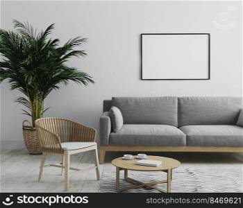 blank horizontal picture frame mockup in modern interior  living room background in gray tones with gray sofa and wooden armchair, palm tree and coffee table, scandinavian style, 3d render