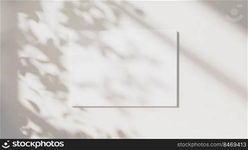 blank horizontal poster mock up with leaves shadows and sunlight on neutral white wall background, 3d illustration