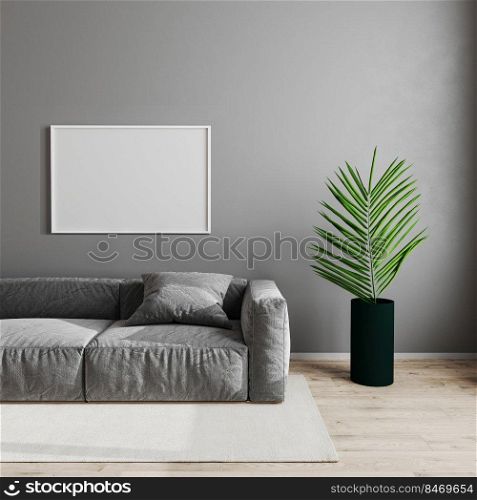 Blank horizontal white picture frame in modern living room interior background, scandinavian style living room mock up with gray sofa and green plant on wooden laminate floor, 3d render