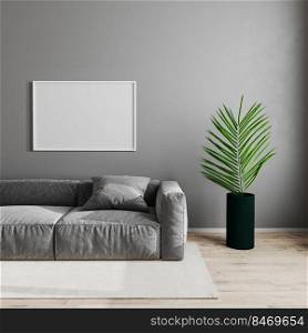 Blank horizontal white picture frame in modern living room interior background, scandinavian style living room mock up with gray sofa and green plant on wooden laminate floor, 3d render