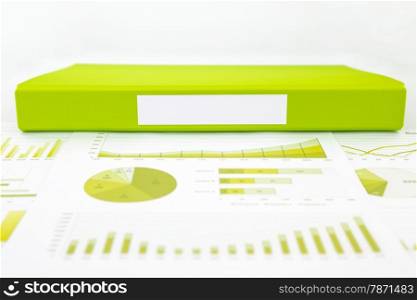 Blank label of green document file with chart, analytic graph and educational reports