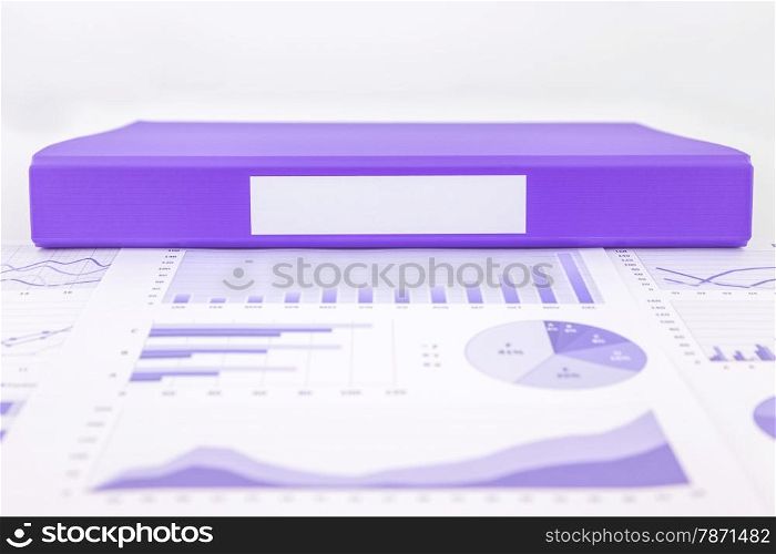 Blank label of purple document file with chart, graph summary and educational reports