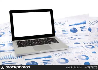 blank laptop on blue graphs, charts, marketing reseach summarizing and financial report, concept for internet online, presentation, project management, business planning and education