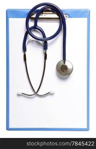 Blank medical clipboard with stethoscope on white background
