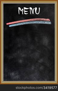 Blank menu with a wooden frame and blackboard background