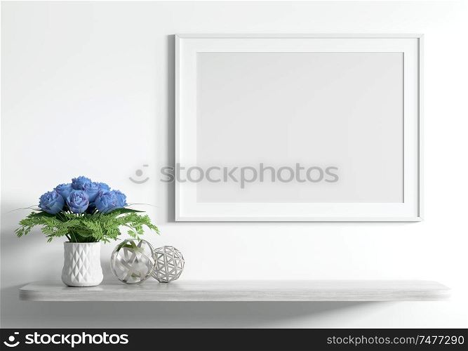 Blank mock up poster above wooden shelf with bouquet of flowers over white wall, interior decoration background 3d rendering