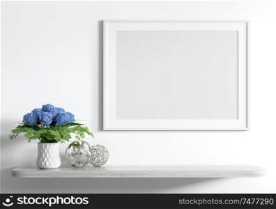 Blank mock up poster above wooden shelf with bouquet of flowers over white wall, interior decoration background 3d rendering