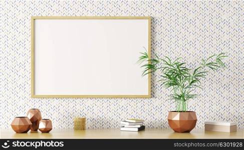 Blank mock up poster frame on the wall above wooden shelf with plant and vases, interior decoration 3d rendering