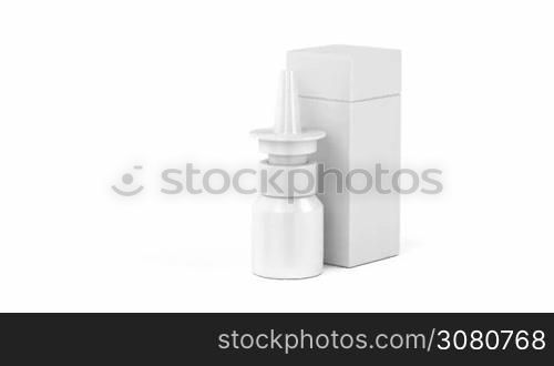 Blank nasal spray bottle and plastic box on white background